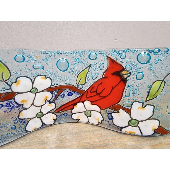Pampeana Fused Art Glass Wave Plate Cardinals Hand Painted Ecuador - Picture 3 of 6